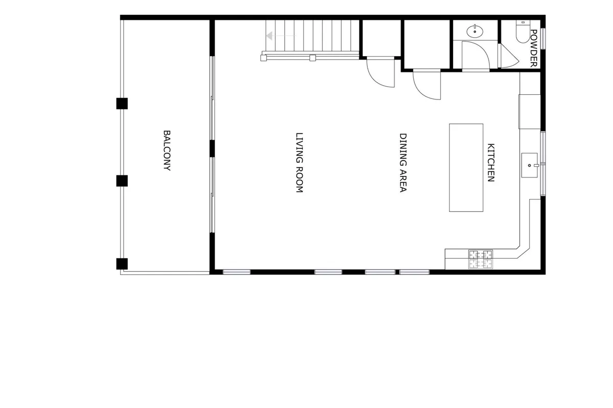 This image presents the entire open-concept top-floor gathering space from a wide perspective. It includes the living room with plush seating, a kitchen with a spacious island and stainless steel appliances, a dining area, and a large balcony accessed through sliding doors. The natural light streaming in highlights the inviting, communal atmosphere perfect for family gatherings and entertaining.