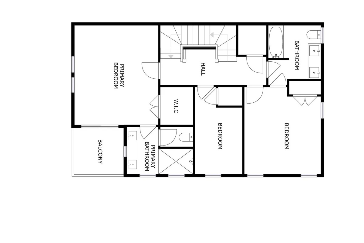 A spacious primary bedroom is shown, featuring a large bed with plush linens, a balcony visible through sliding doors, and a hallway leading to adjacent bathrooms. The room is flooded with natural light and offers a tranquil, inviting atmosphere ideal for rest and relaxation.