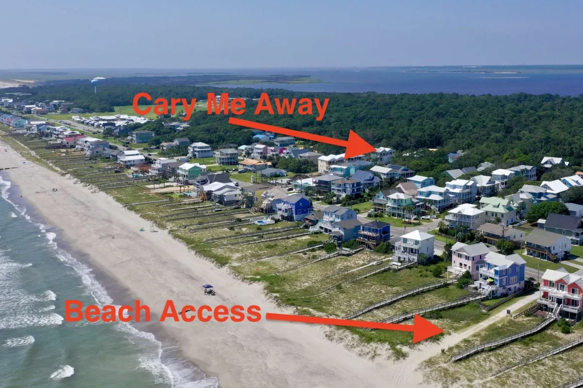 A pathway leading to the beach, bordered by colorful beach houses, with a clear view of the shoreline and ocean beyond. The area feels inviting and leisurely, emphasizing easy beach access and the appeal of seaside living.